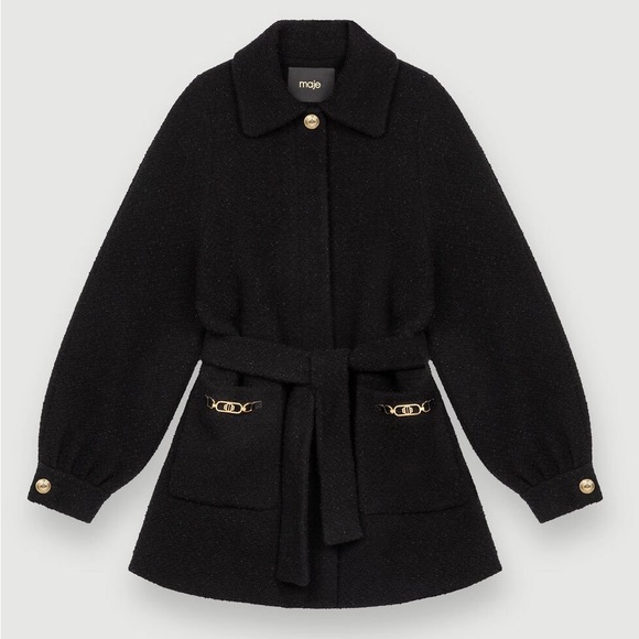 Maje Jackets & Blazers - Maje Black Bouclé Belted Teddy Jacket with Gold Hardware